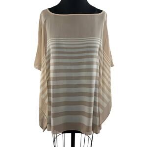 TALBOTS Tan White Silk Wide Neck Short Dolman Sleeve Striped Coverup Blouse L
